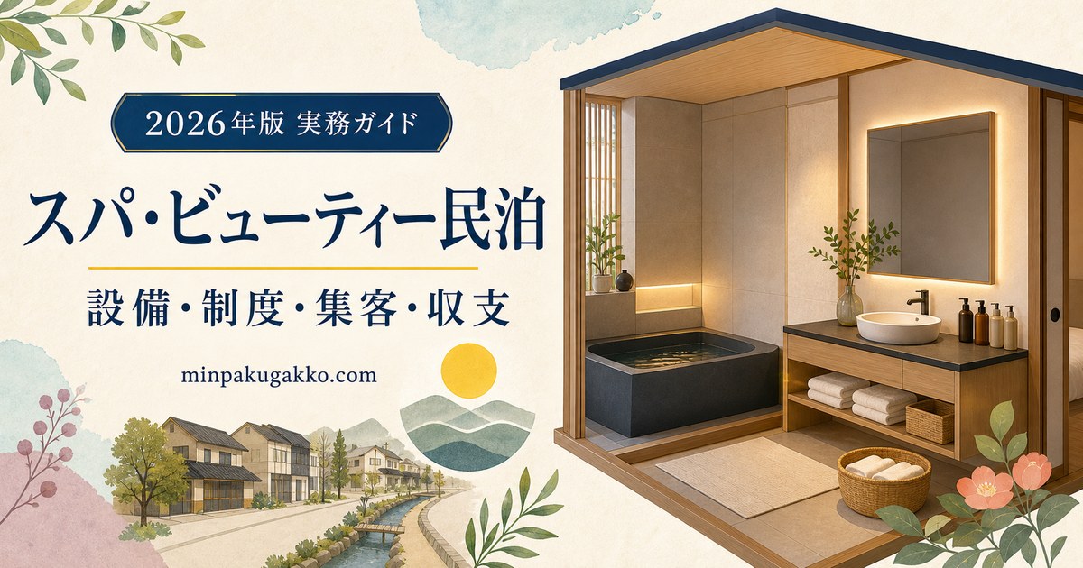 スパ・ビューティー民泊を設備、制度、集客、収支の観点で表したアイキャッチ
