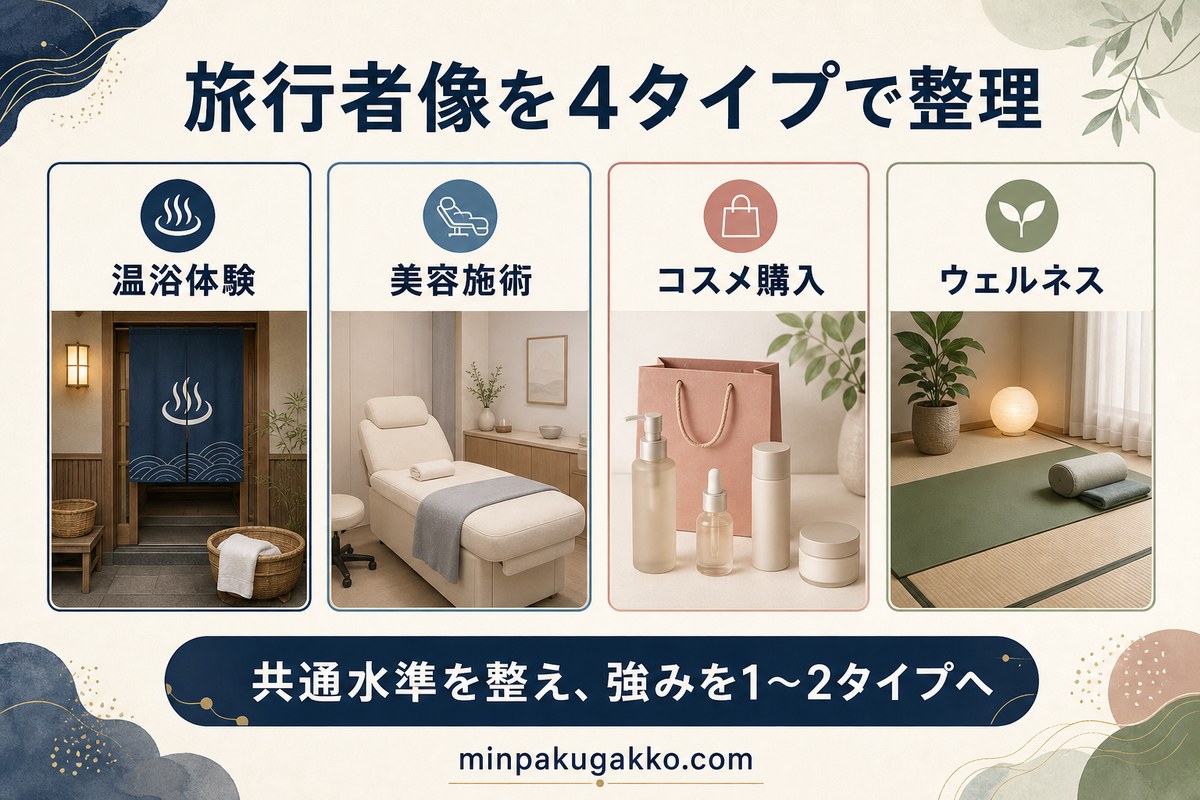美容旅行者の関心を温浴、エステやヘッドスパ、コスメ購入、静かな滞在に分けた図