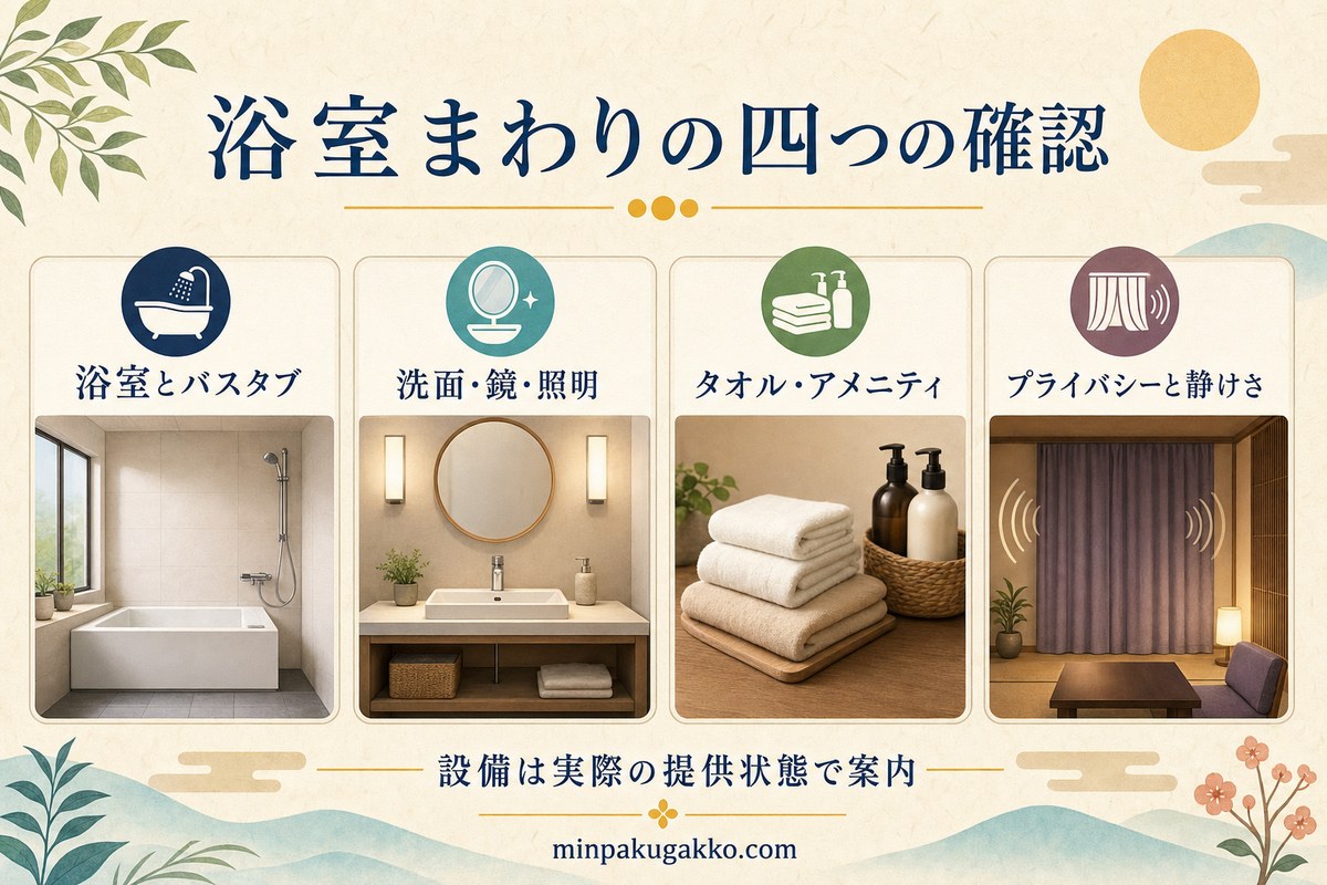 スパ向け民泊の浴室、洗面照明、タオルアメニティ、プライバシーを確認する設備図