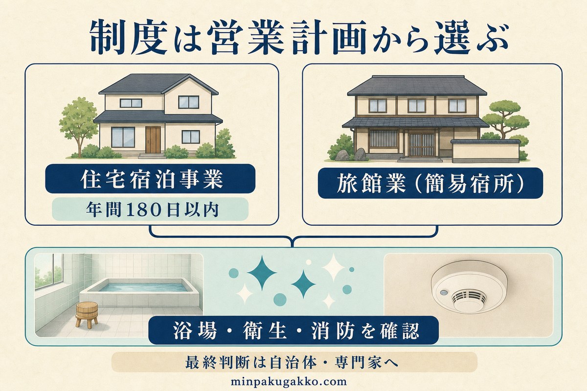 住宅宿泊事業と旅館業を営業計画から比較し浴場衛生消防の確認へつなぐ制度図