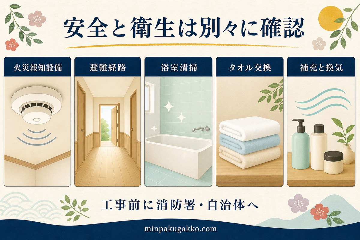 消防設備と避難経路、浴室清掃、タオル交換、備品補充と換気を分けた安全衛生図