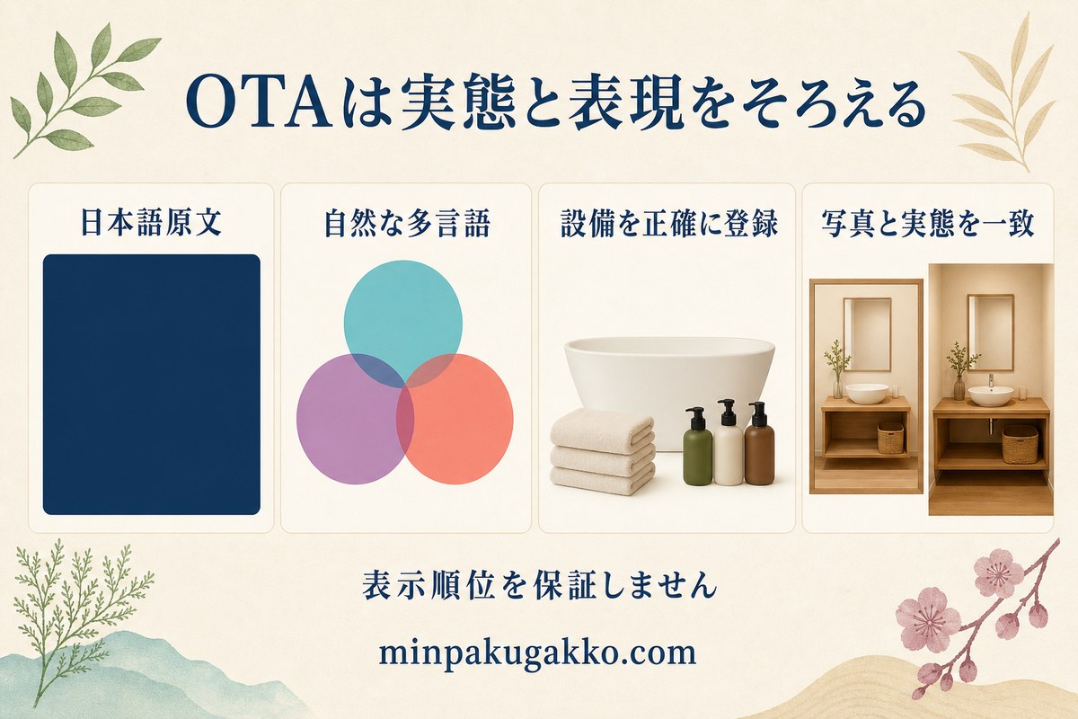 スパ民泊のOTA掲載を日本語原文、多言語、設備登録、写真と実態の一致で整理した図