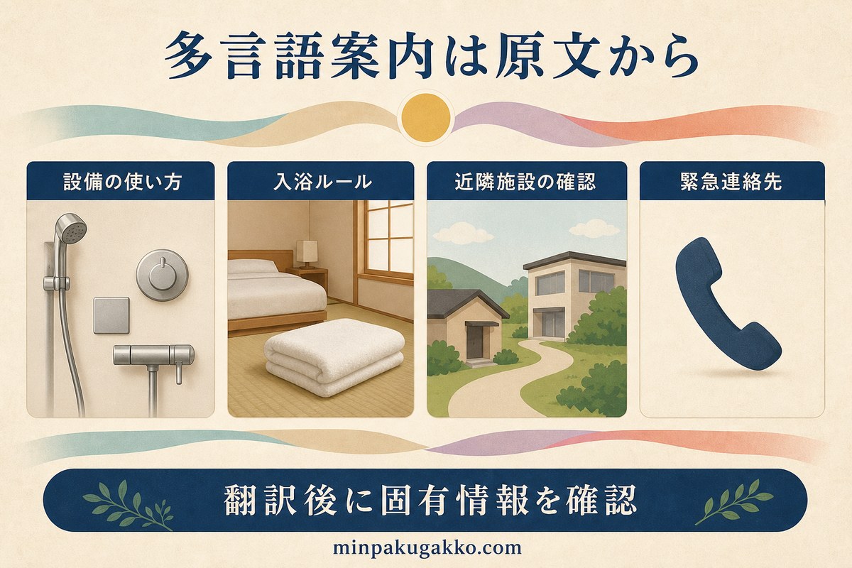 多言語案内を設備、入浴ルール、近隣施設、緊急連絡先の原文から整える図