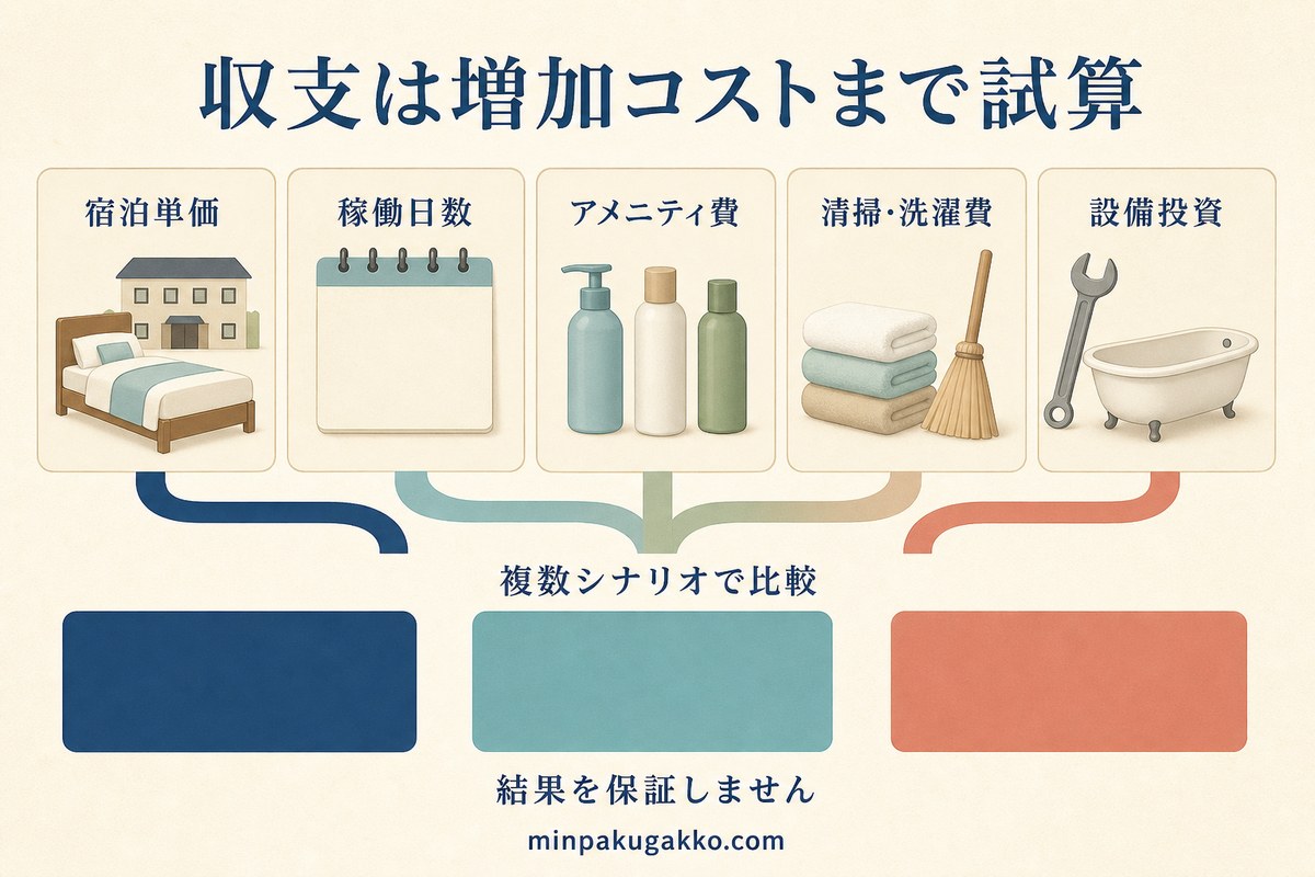 スパ民泊の収支を宿泊単価、稼働日数、アメニティ、清掃洗濯、設備投資で試算する図