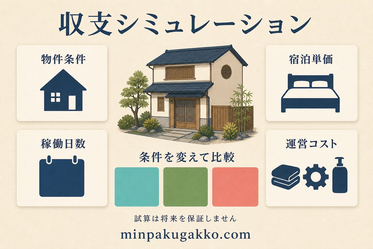 民泊収支を物件条件、宿泊単価、稼働日数、運営コストで比較するシミュレーション図