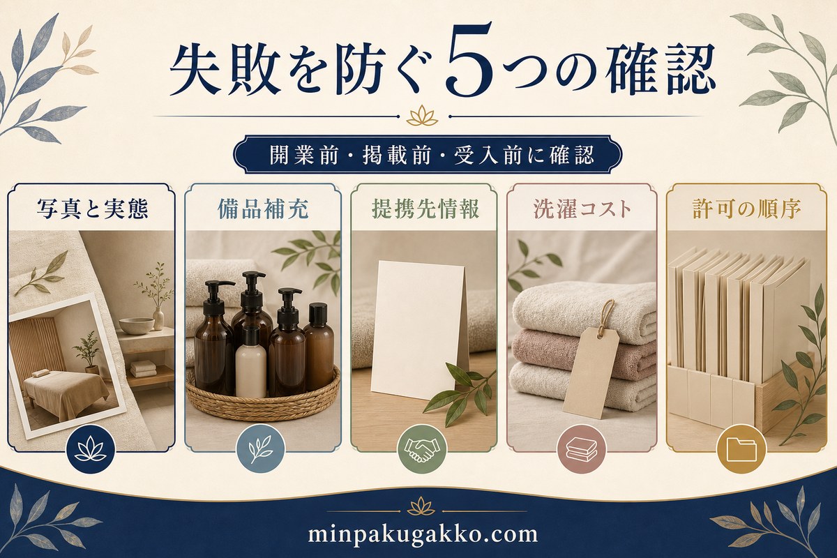 スパ民泊の失敗を写真と実態、補充、提携先情報、洗濯費、許可工事の順序で整理した図