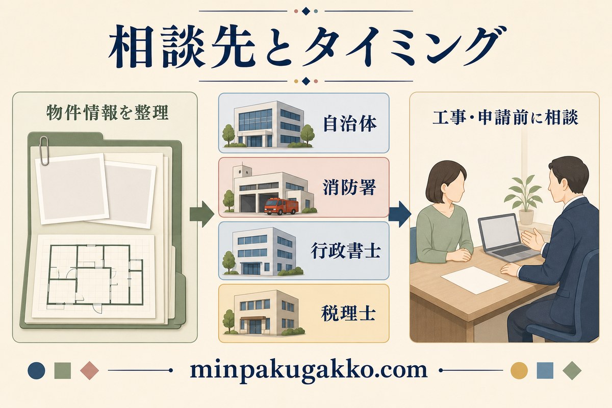 自治体、消防署、行政書士、税理士への相談先と設備工事前の確認時期を整理した図