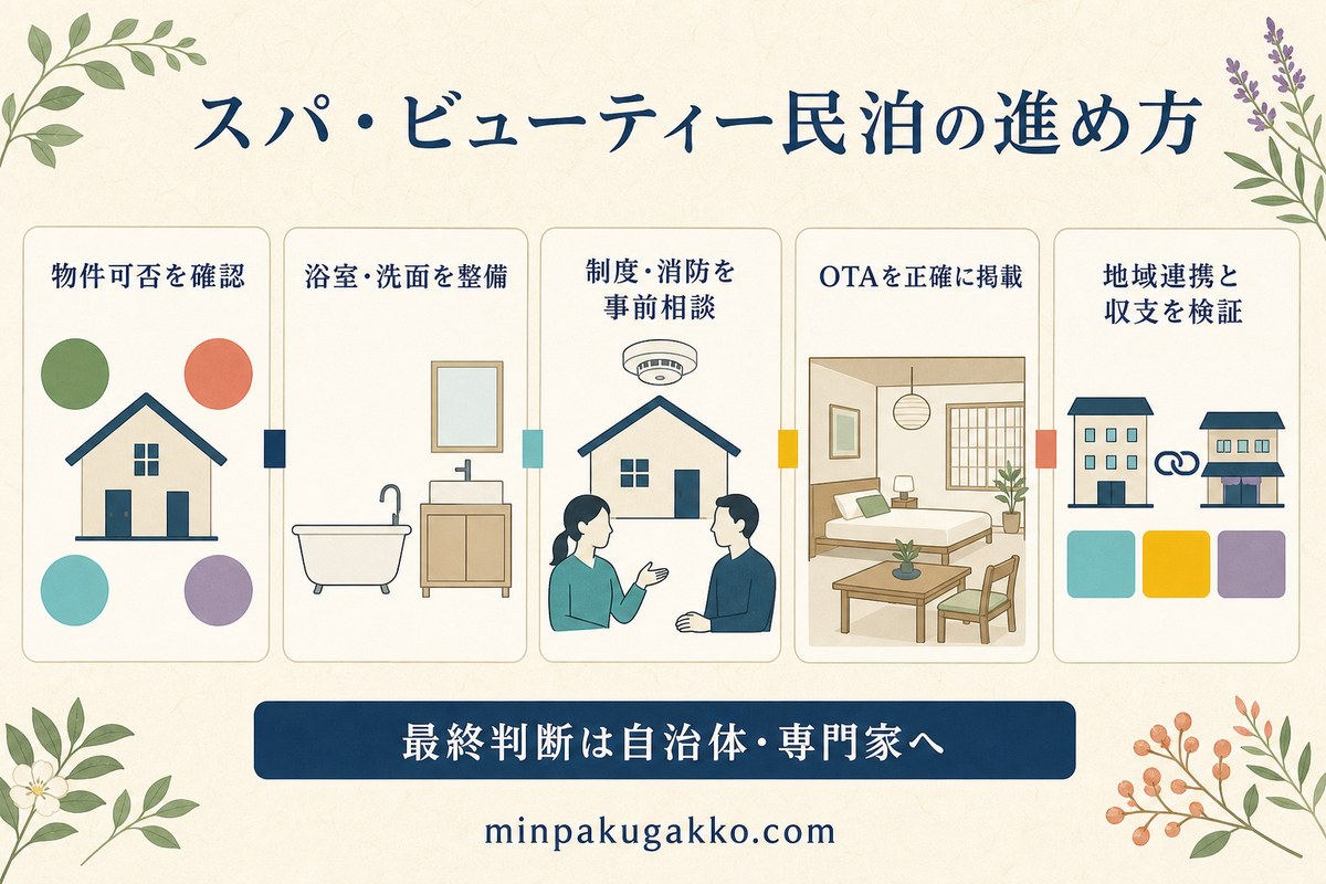 スパ民泊を物件可否、浴室洗面、制度消防、OTA、地域連携と収支の順に進めるまとめ図