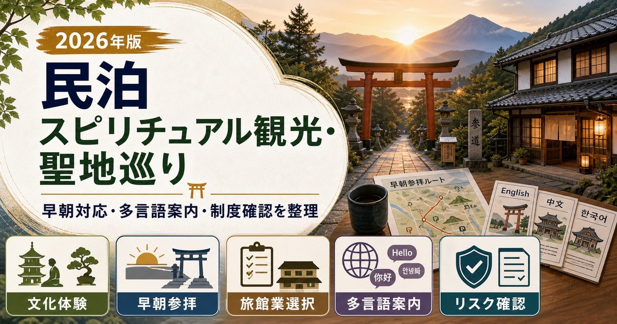 民泊のスピリチュアル観光・聖地巡り需要について、文化体験、早朝参拝、旅館業選択、多言語案内、リスク確認を整理したアイキャッチ画像