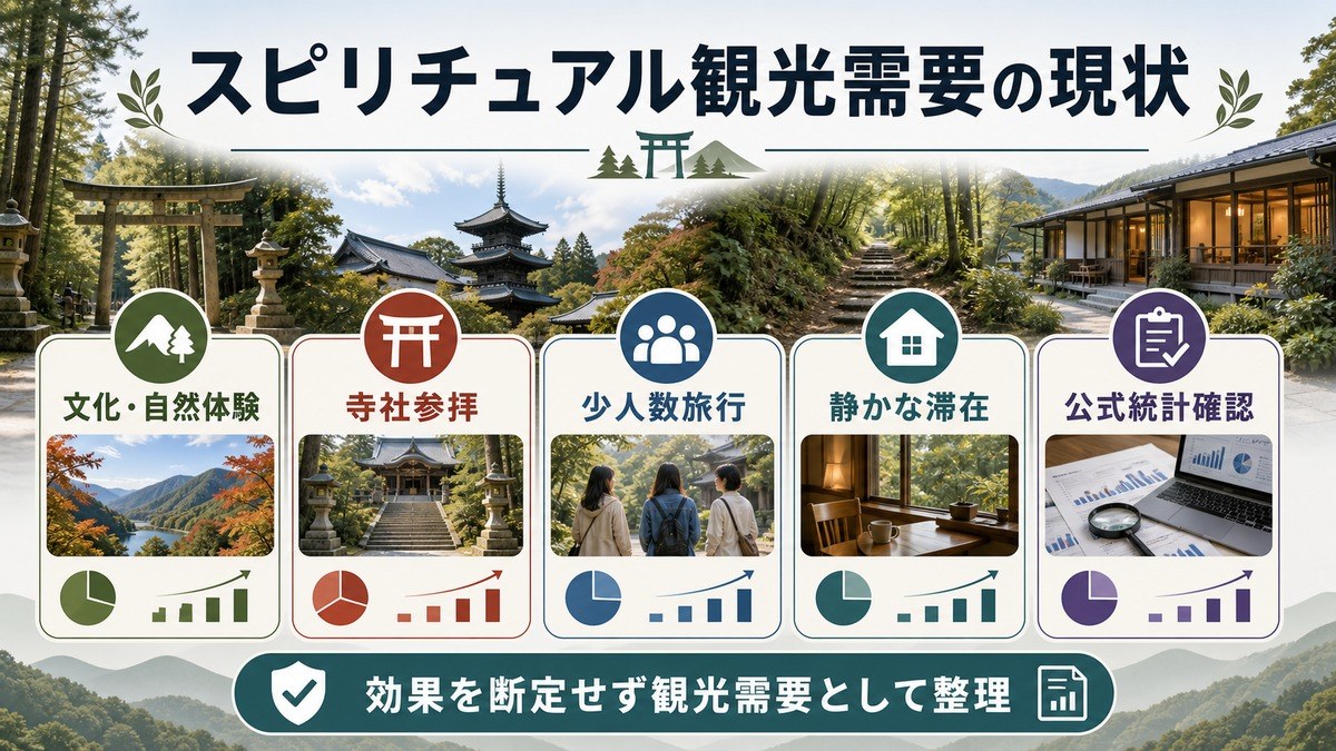 スピリチュアル観光需要の現状として、文化・自然体験、寺社参拝、少人数旅行、静かな滞在、公式統計確認を整理した図解