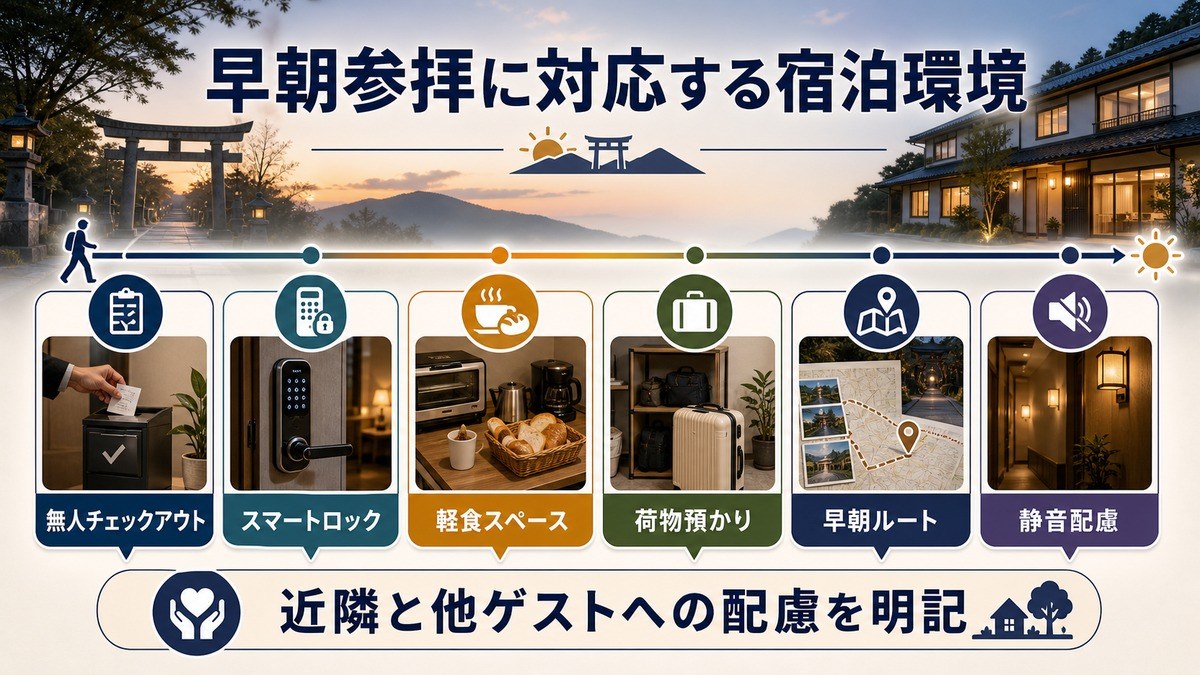 早朝参拝に対応する宿泊環境として、無人チェックアウト、スマートロック、軽食スペース、荷物預かり、早朝ルート、静音配慮を整理した図解