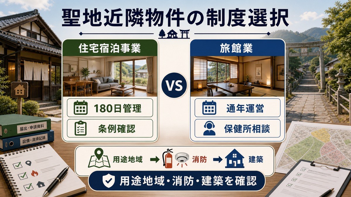 聖地近隣物件の制度選択として、住宅宿泊事業、180日管理、条例確認、旅館業、通年運営、保健所相談、用途地域・消防・建築確認を整理した図解