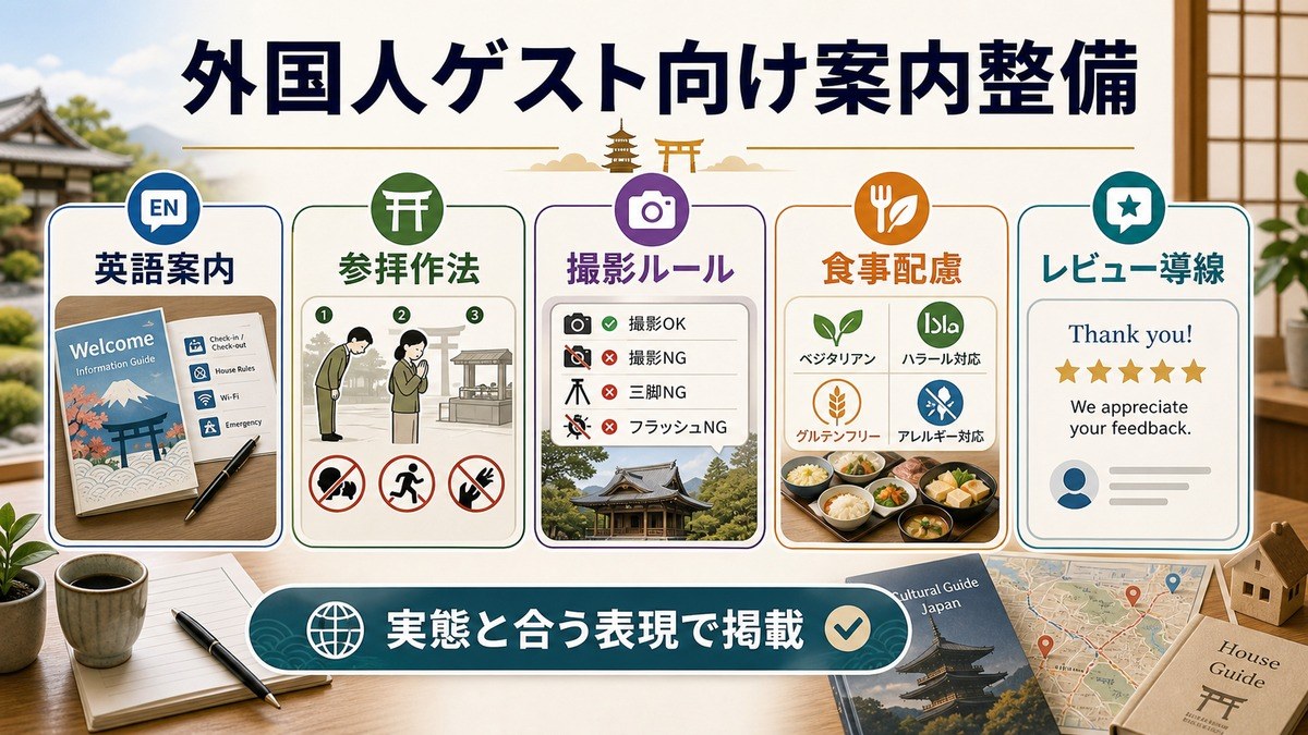 外国人ゲスト向け案内整備として、英語案内、参拝作法、撮影ルール、食事配慮、レビュー導線、実態に合う表現を整理した図解