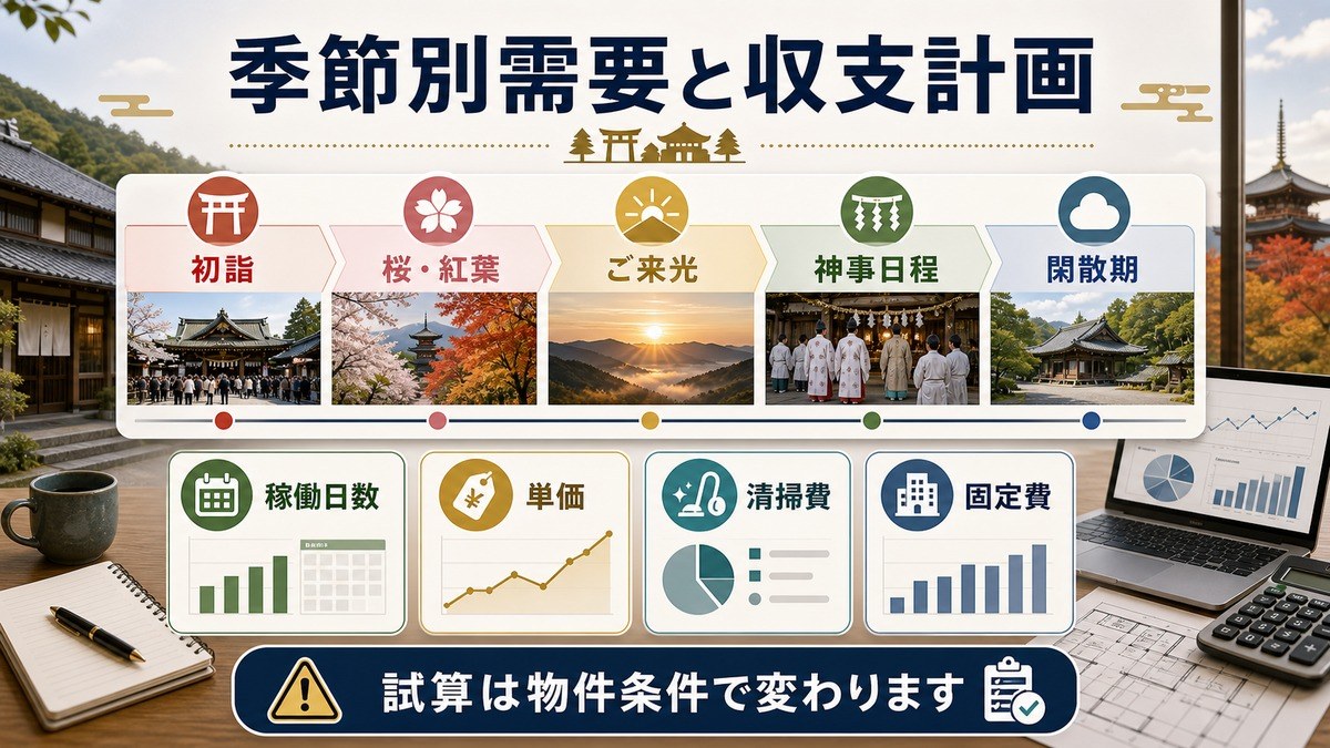 季節別需要と収支計画として、初詣、桜・紅葉、ご来光、神事日程、閑散期、稼働日数、単価、清掃費、固定費を整理した図解