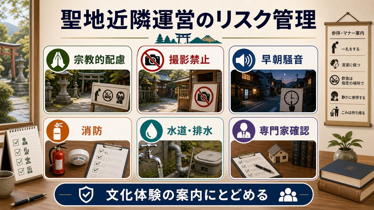 聖地近隣運営のリスク管理として、宗教的配慮、撮影禁止、早朝騒音、消防、水道・排水、専門家確認を整理した図解