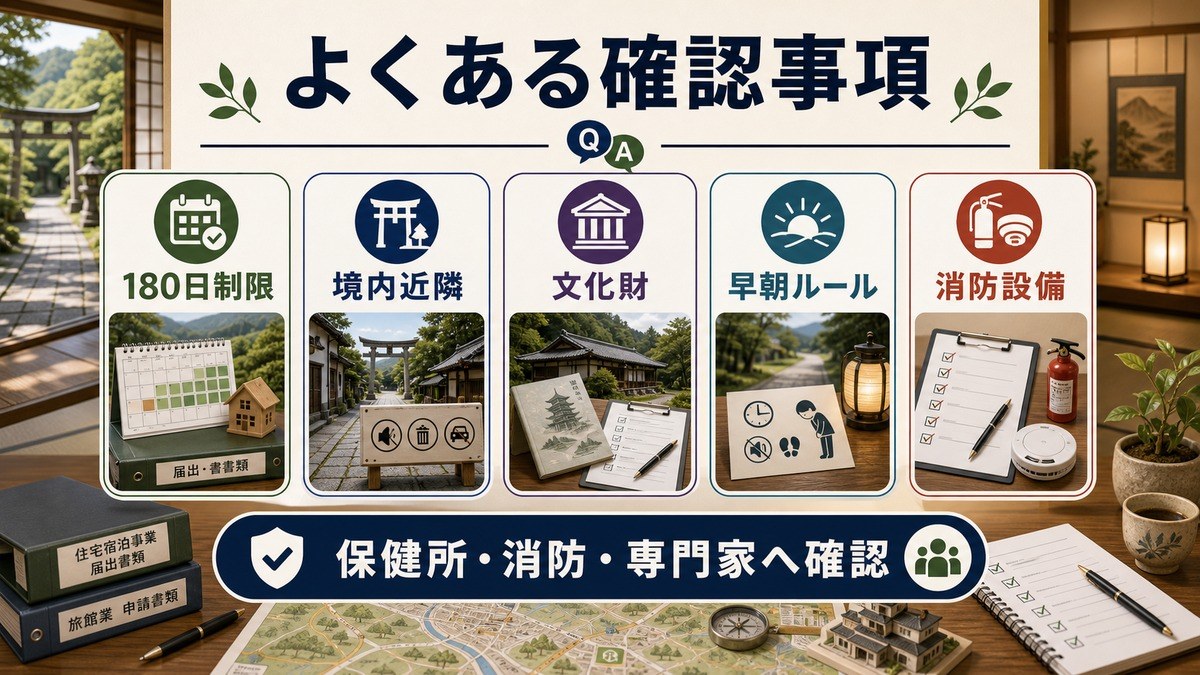 スピリチュアル観光民泊のFAQとして、180日制限、境内近隣、文化財、早朝ルール、消防設備、保健所・消防・専門家確認を整理した図解