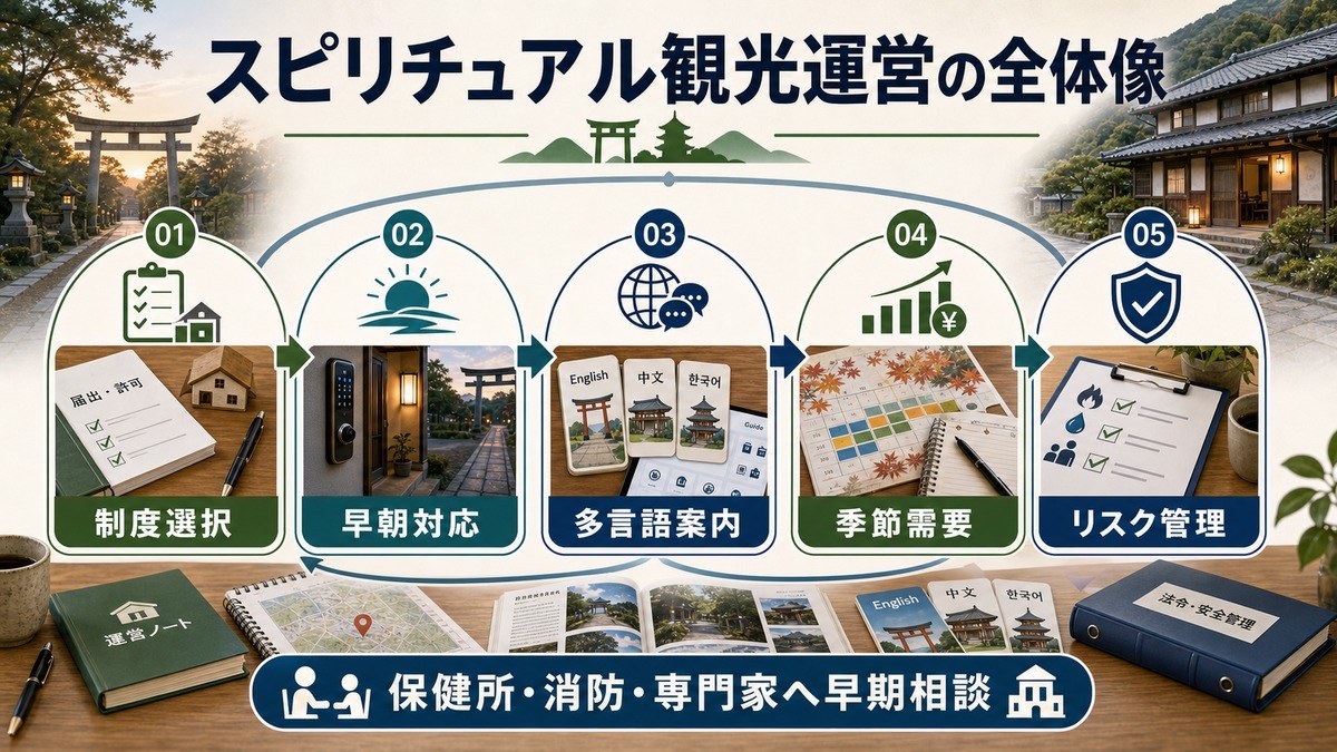 スピリチュアル観光運営の全体像として、制度選択、早朝対応、多言語案内、季節需要、リスク管理、保健所・消防・専門家相談を整理した図解