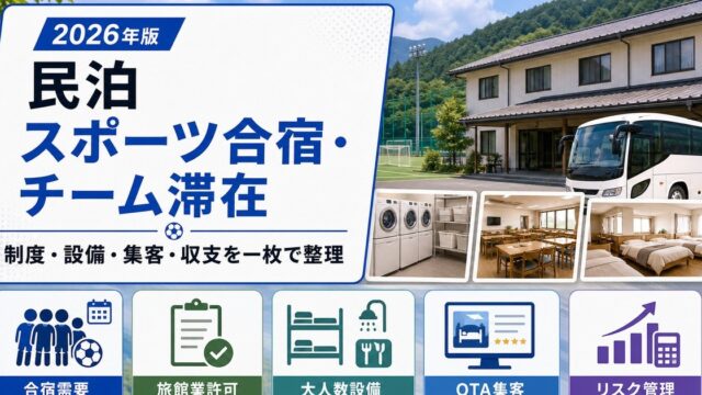 民泊のスポーツ合宿・チーム滞在需要について、合宿需要、旅館業許可、大人数設備、OTA集客、リスク管理を整理したアイキャッチ画像