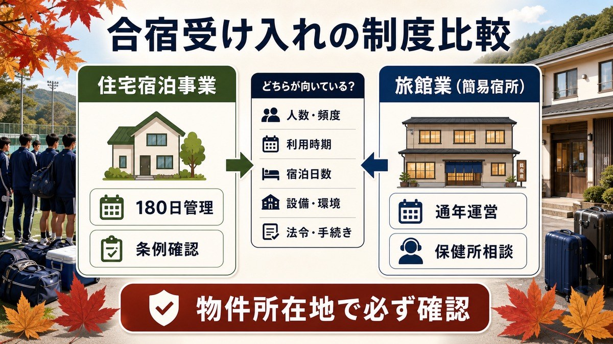 合宿受け入れの制度比較として、住宅宿泊事業、180日管理、条例確認、旅館業、通年運営、保健所相談を整理した図解