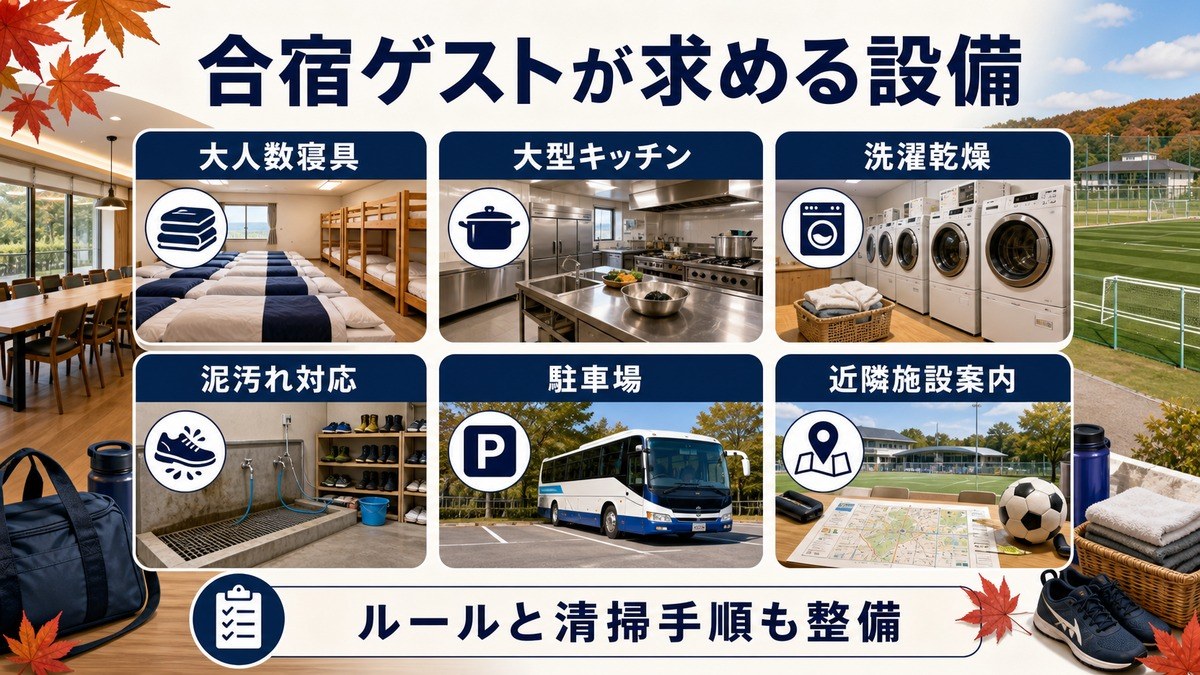 スポーツ合宿ゲストが求める設備として、大人数寝具、大型キッチン、洗濯乾燥、泥汚れ対応、駐車場、近隣施設案内を整理した図解