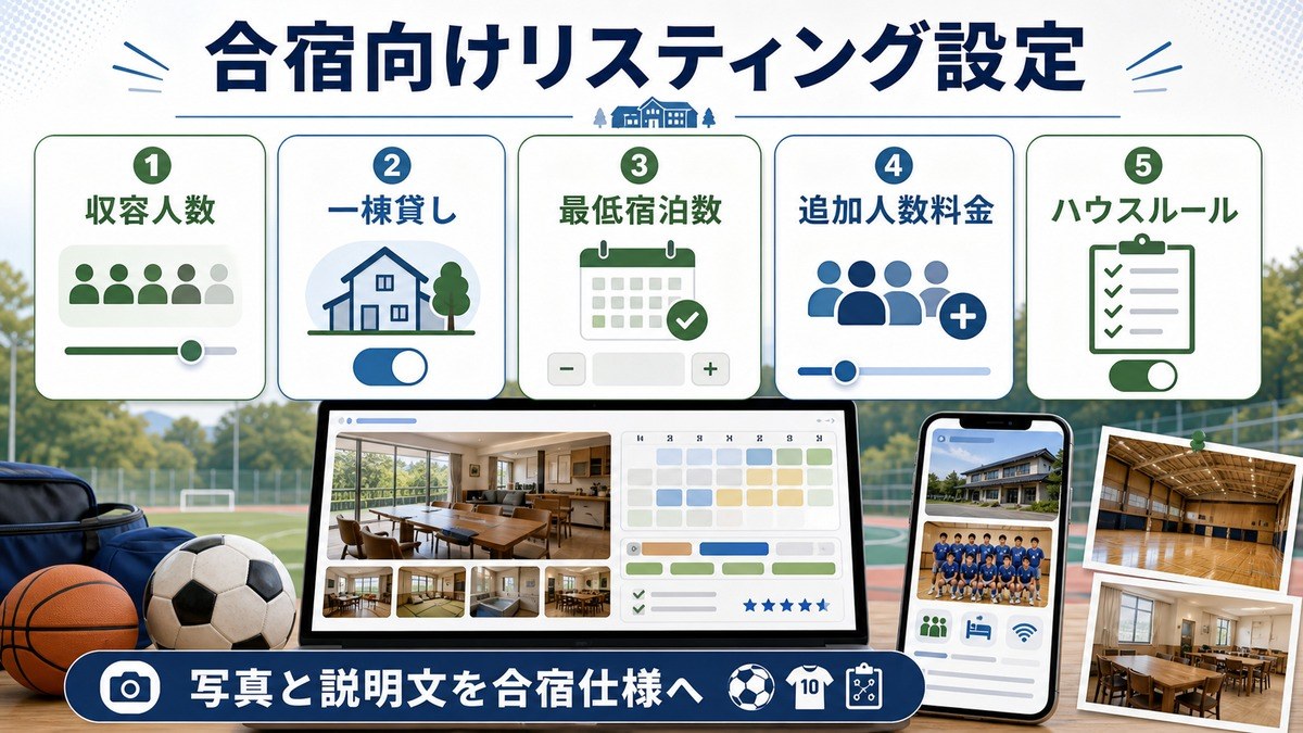 合宿向けリスティング設定として、収容人数、一棟貸し、最低宿泊数、追加人数料金、ハウスルール、写真と説明文を整理した図解