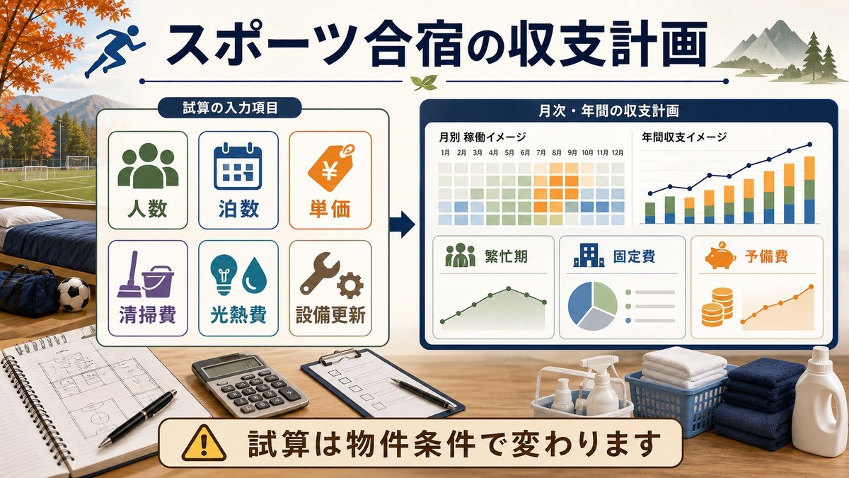 スポーツ合宿の収支計画として、人数、泊数、単価、清掃費、光熱費、設備更新、繁忙期、固定費、予備費を整理した図解