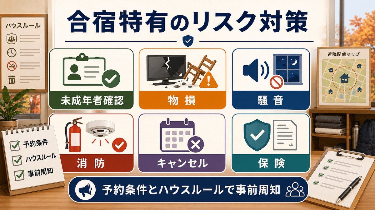 合宿特有のリスク対策として、未成年者確認、物損、騒音、消防、キャンセル、保険、予約条件とハウスルールを整理した図解