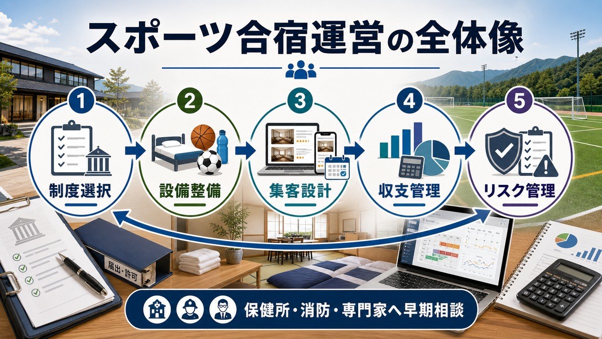 スポーツ合宿運営の全体像として、制度選択、設備整備、集客設計、収支管理、リスク管理、保健所・消防・専門家相談を整理した図解