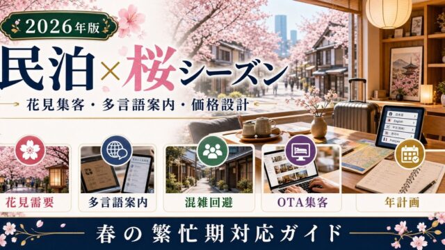 民泊の春・桜シーズン観光需要、花見集客、多言語案内、混雑回避、OTA価格設計、年間計画を解説するアイキャッチ画像