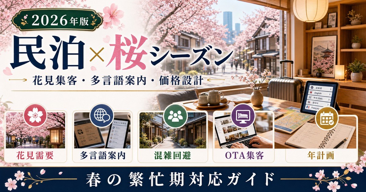 民泊の春・桜シーズン観光需要、花見集客、多言語案内、混雑回避、OTA価格設計、年間計画を解説するアイキャッチ画像