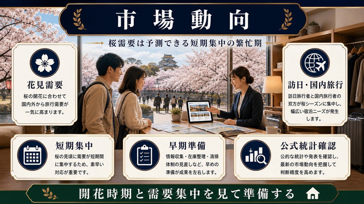 桜シーズン観光の市場動向として花見需要、訪日・国内旅行、短期集中、早期準備、公式統計確認を整理した図解