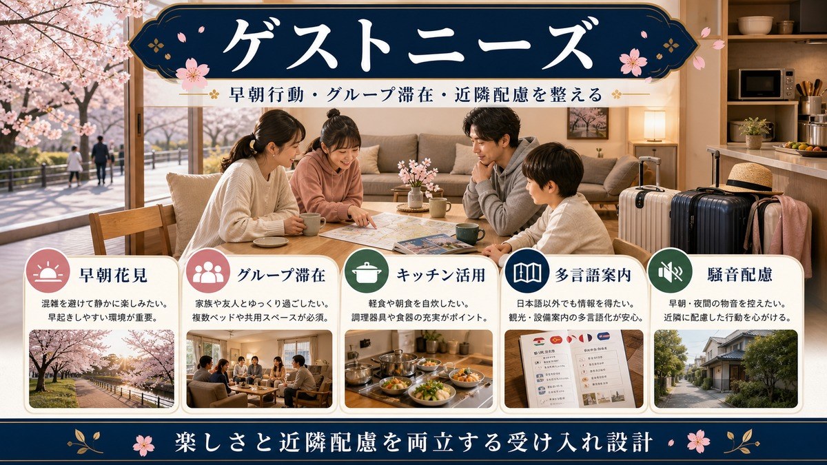 花見ゲストのニーズとして早朝花見、グループ滞在、キッチン活用、多言語案内、騒音配慮を整理した図解