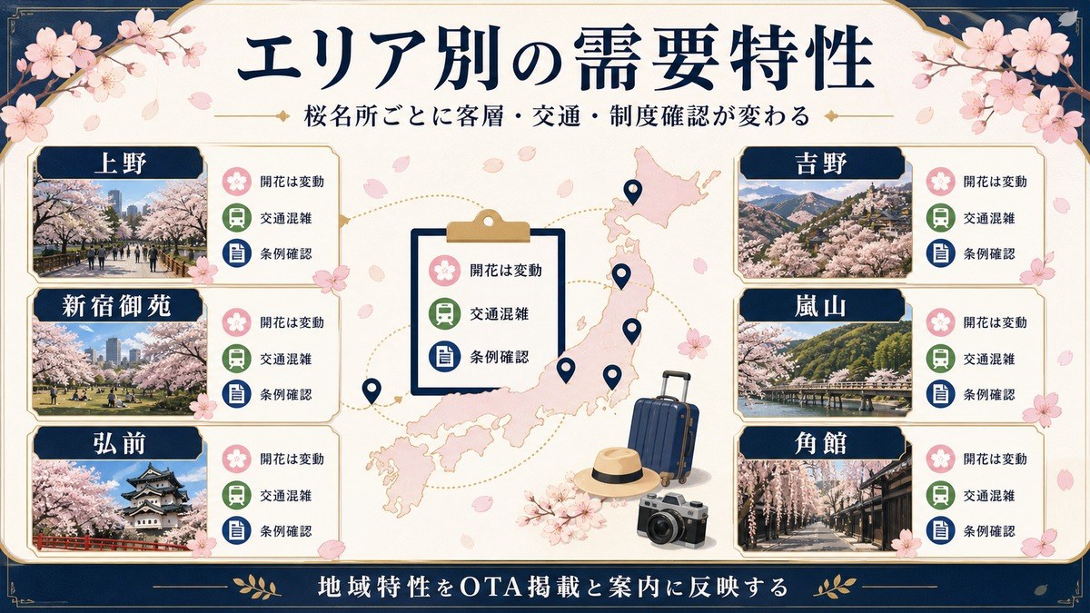 桜名所エリア別の需要特性として上野、新宿御苑、弘前、吉野、嵐山、角館を整理した図解