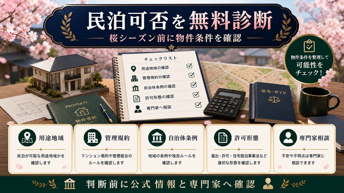 桜シーズン前の民泊可否診断として用途地域、管理規約、自治体条例、許可形態、専門家相談を整理した図解
