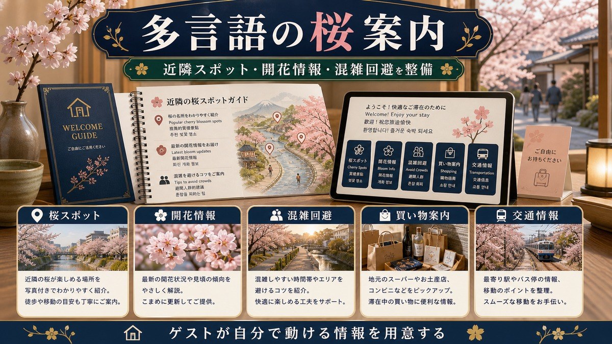 桜スポット案内の多言語整備として桜スポット、開花情報、混雑回避、買い物案内、交通情報を整理した図解