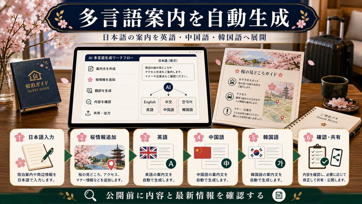 桜シーズン向け多言語案内生成の流れとして日本語入力、桜情報追加、英語、中国語、韓国語、確認共有を整理した図解