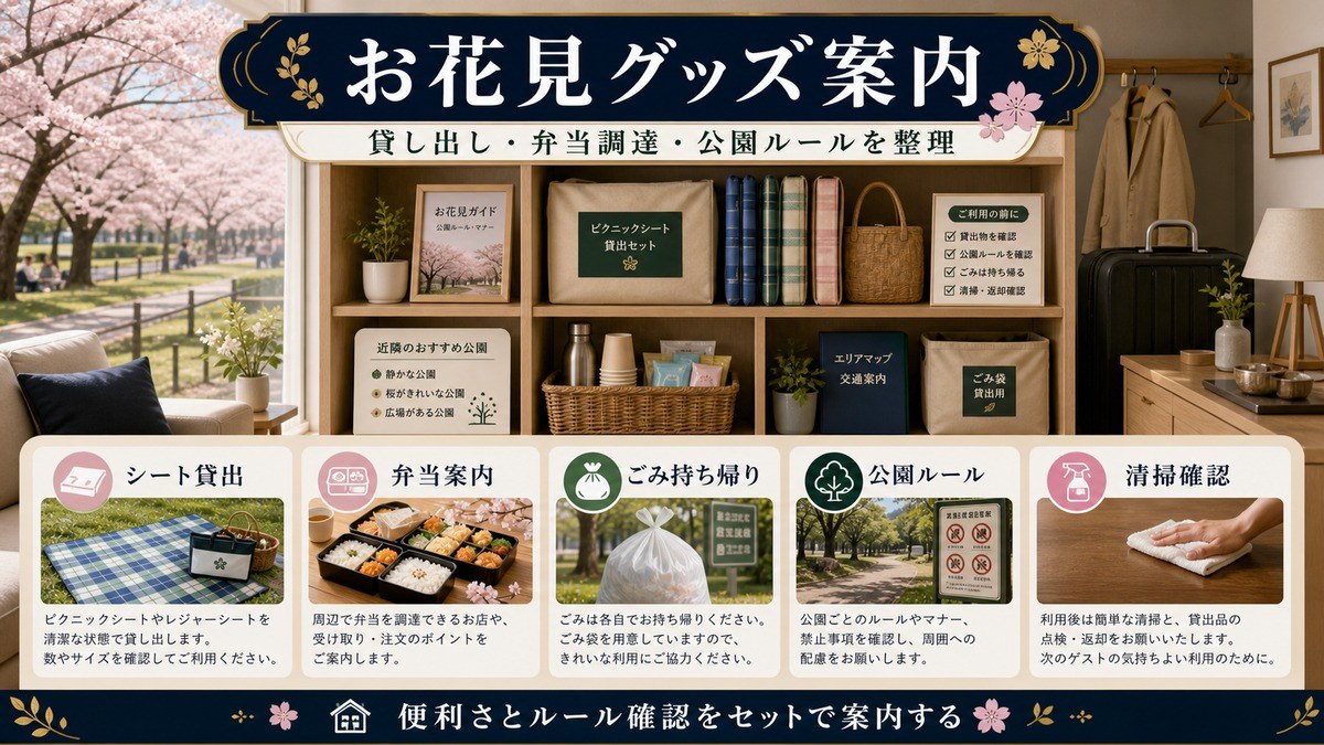 お花見グッズ案内としてシート貸出、弁当案内、ごみ持ち帰り、公園ルール、清掃確認を整理した図解