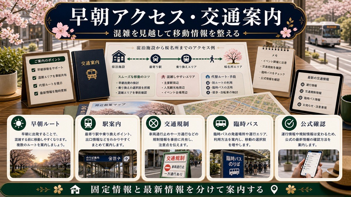 桜シーズンの交通案内として早朝ルート、駅案内、交通規制、臨時バス、公式確認を整理した図解