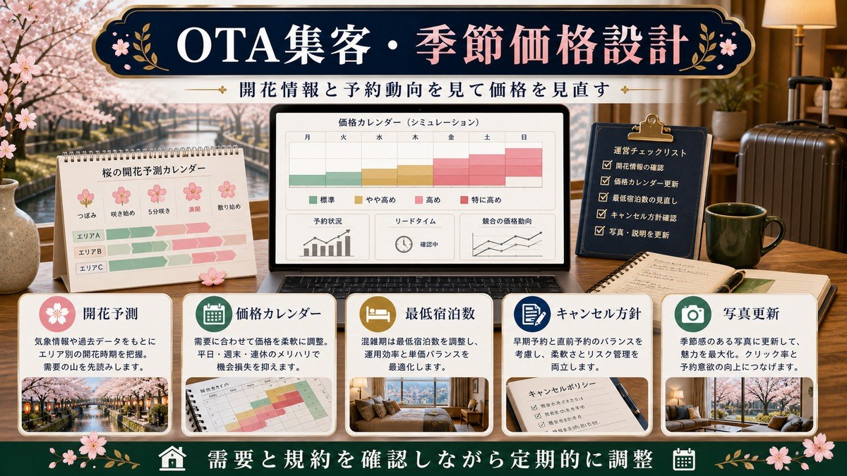 桜シーズンのOTA価格設計として開花予測、価格カレンダー、最低宿泊数、キャンセル方針、写真更新を整理した図解