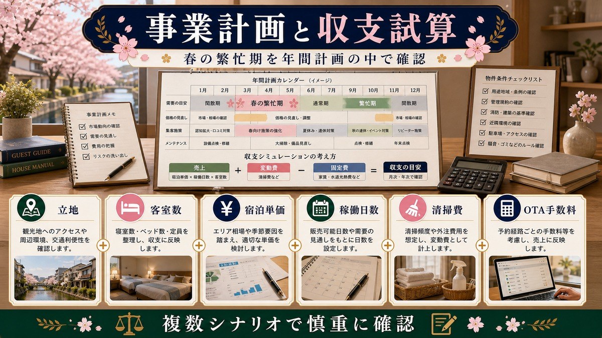 桜シーズン民泊の事業計画として立地、客室数、宿泊単価、稼働日数、清掃費、OTA手数料を整理した図解