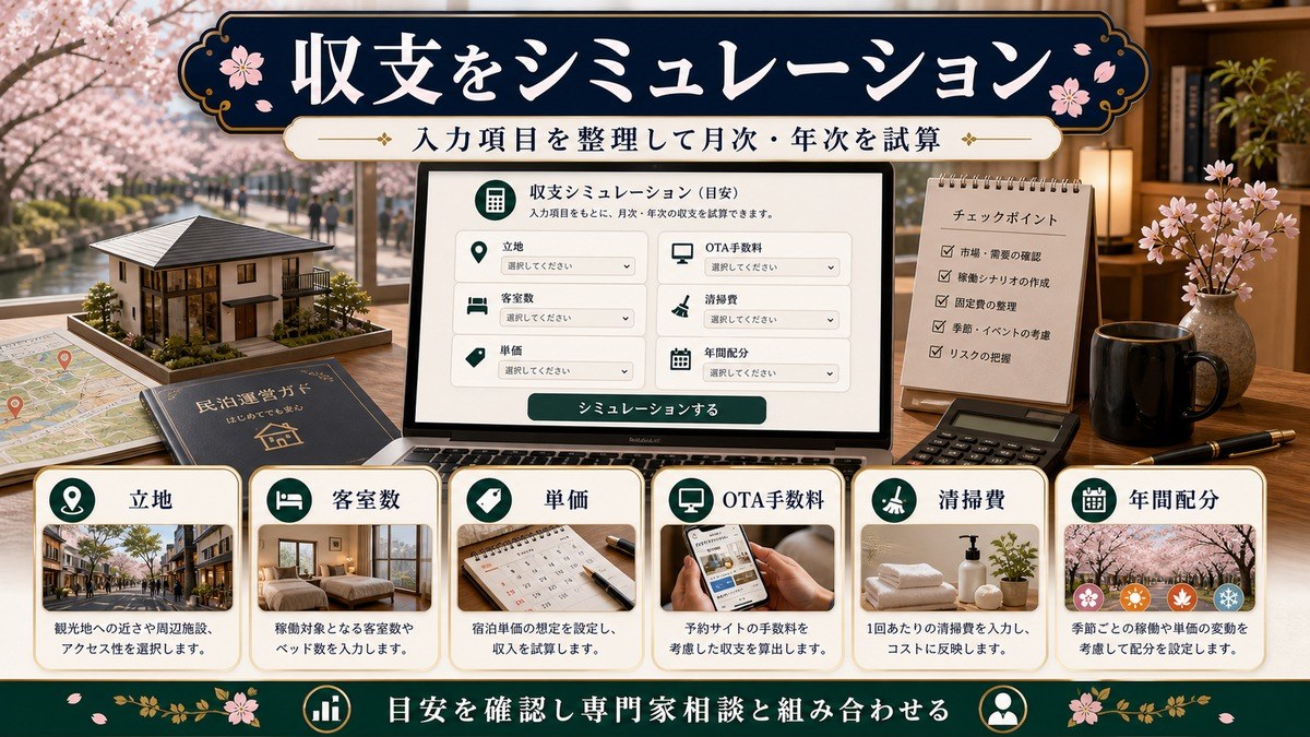 桜シーズン対応の収支シミュレーションとして立地、客室数、単価、OTA手数料、清掃費、年間配分を整理した図解