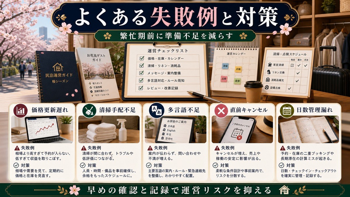 桜シーズン運営の失敗例として価格更新遅れ、清掃手配不足、多言語不足、直前キャンセル、日数管理漏れを整理した図解