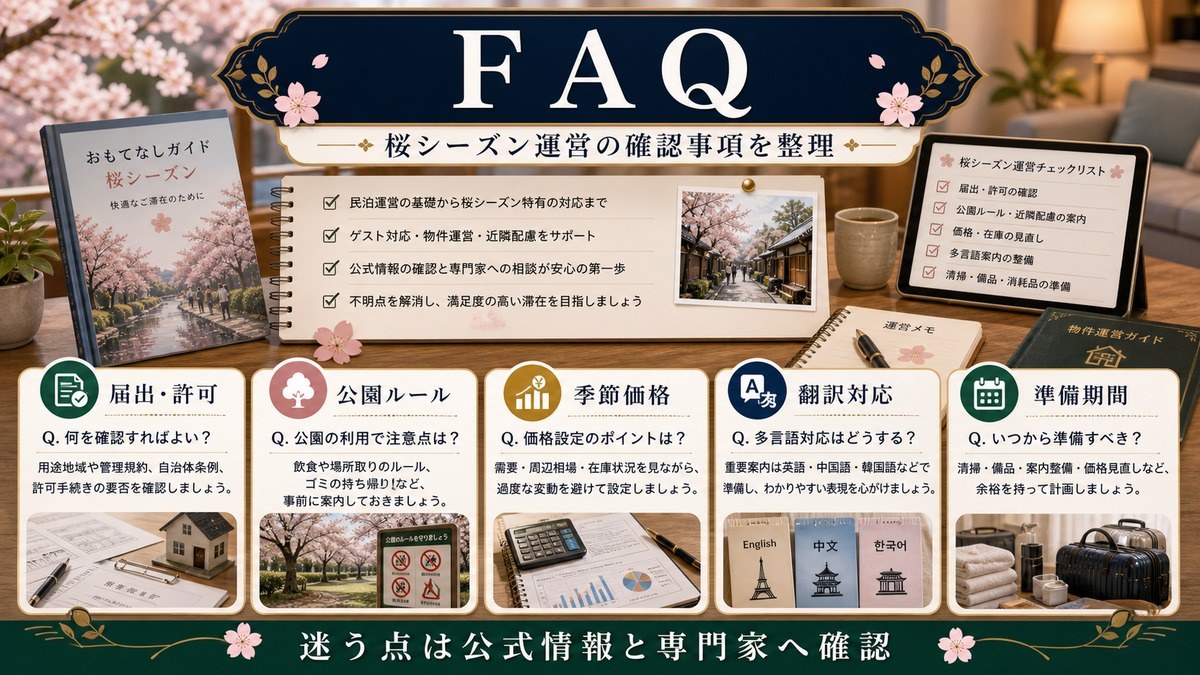 桜シーズン民泊のFAQとして届出許可、公園ルール、季節価格、翻訳対応、準備期間を整理した図解