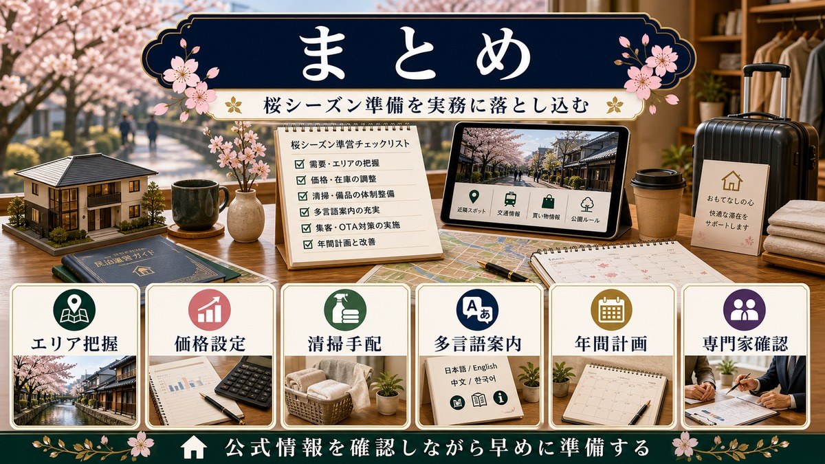 桜シーズン準備のまとめとしてエリア把握、価格設定、清掃手配、多言語案内、年間計画、専門家確認を整理した図解