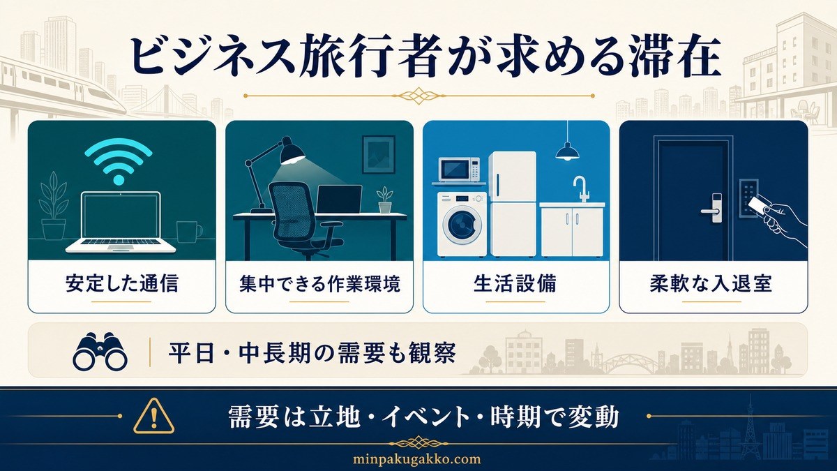 ビジネス旅行者が求める通信、作業環境、生活設備、入退室と平日・中長期需要の観察点を整理した図解