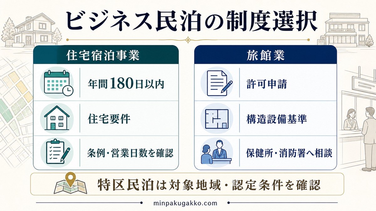 住宅宿泊事業の180日上限・住宅要件・条例と、旅館業の許可・構造設備基準・事前相談を比較した図解