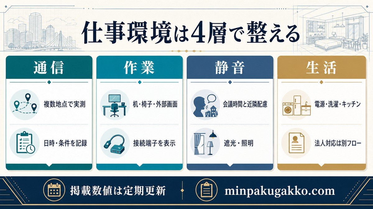 ビジネス民泊の仕事環境を通信、作業、静音、生活の4層に分けて整える図解