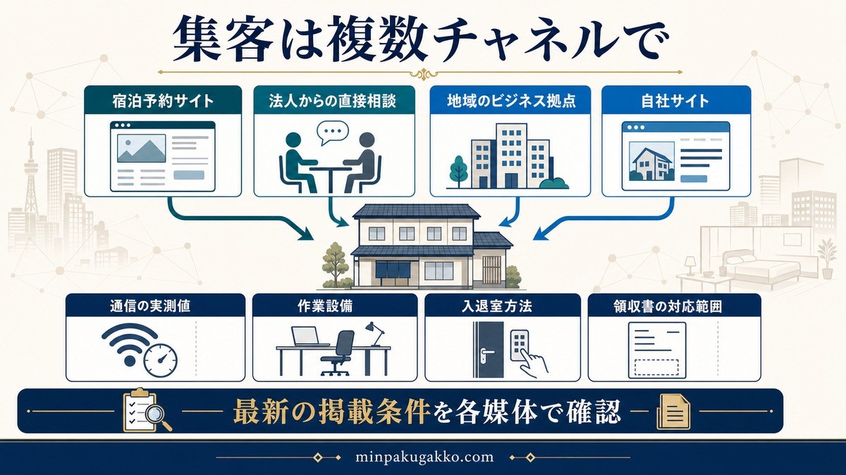 宿泊予約サイト、法人からの直接相談、地域のビジネス拠点、自社サイトへ集客を分散する図解
