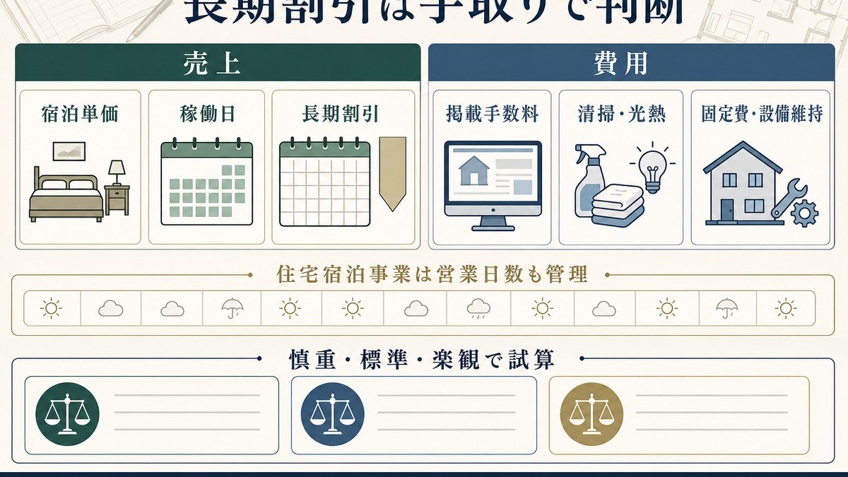 宿泊単価・稼働日・長期割引の売上と、掲載手数料・清掃光熱・固定費設備維持の費用を分けた収支図解