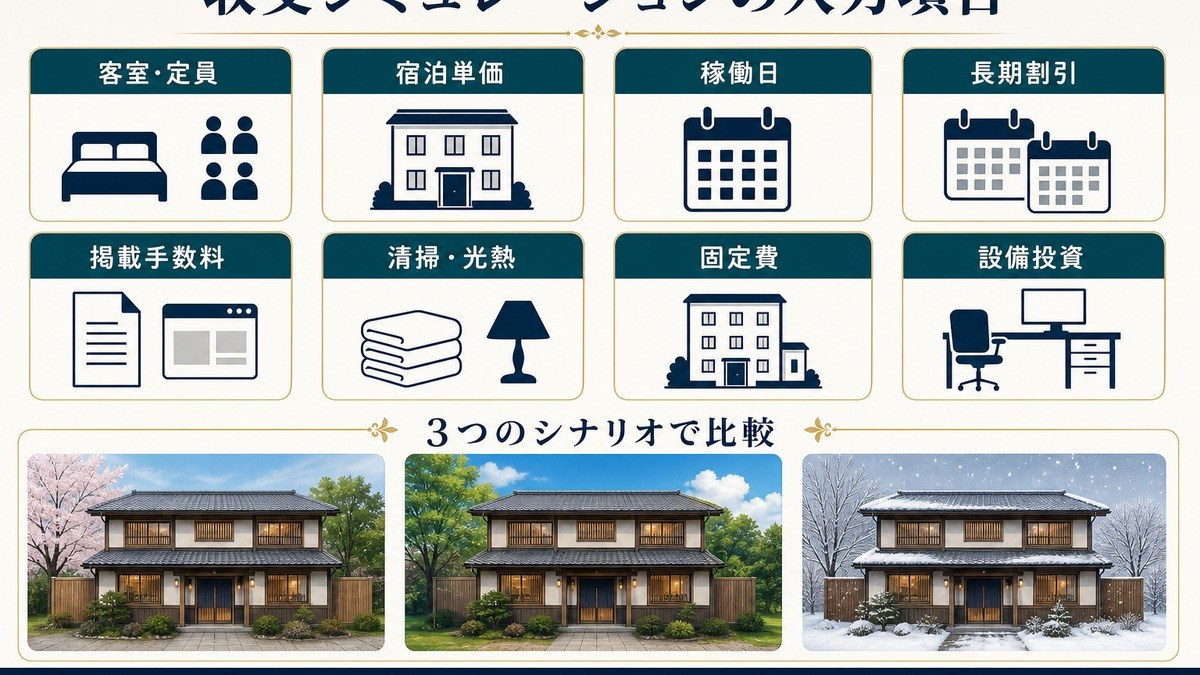 客室・定員、宿泊単価、稼働日、長期割引、掲載手数料、清掃光熱、固定費、設備投資を3シナリオで比べる図解